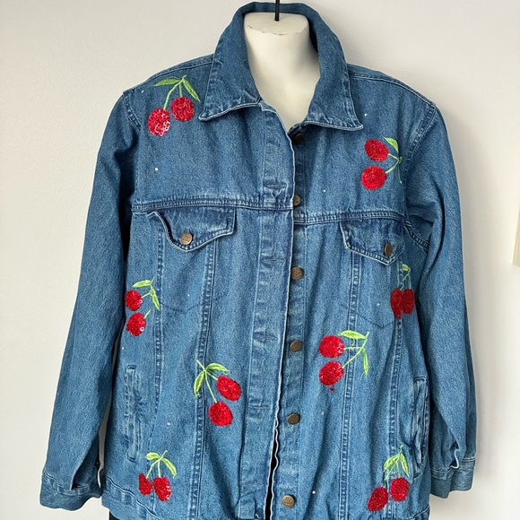 Quacker Factory Blue Jean Jacket with Red Cherry Embroidery - Picture 2 of 7